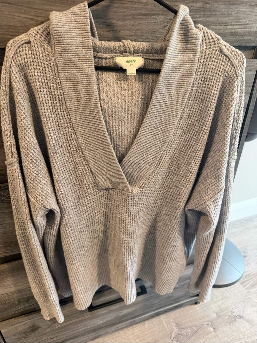 Aerie Light Grey V-Neck Waffle Knit Sweater
